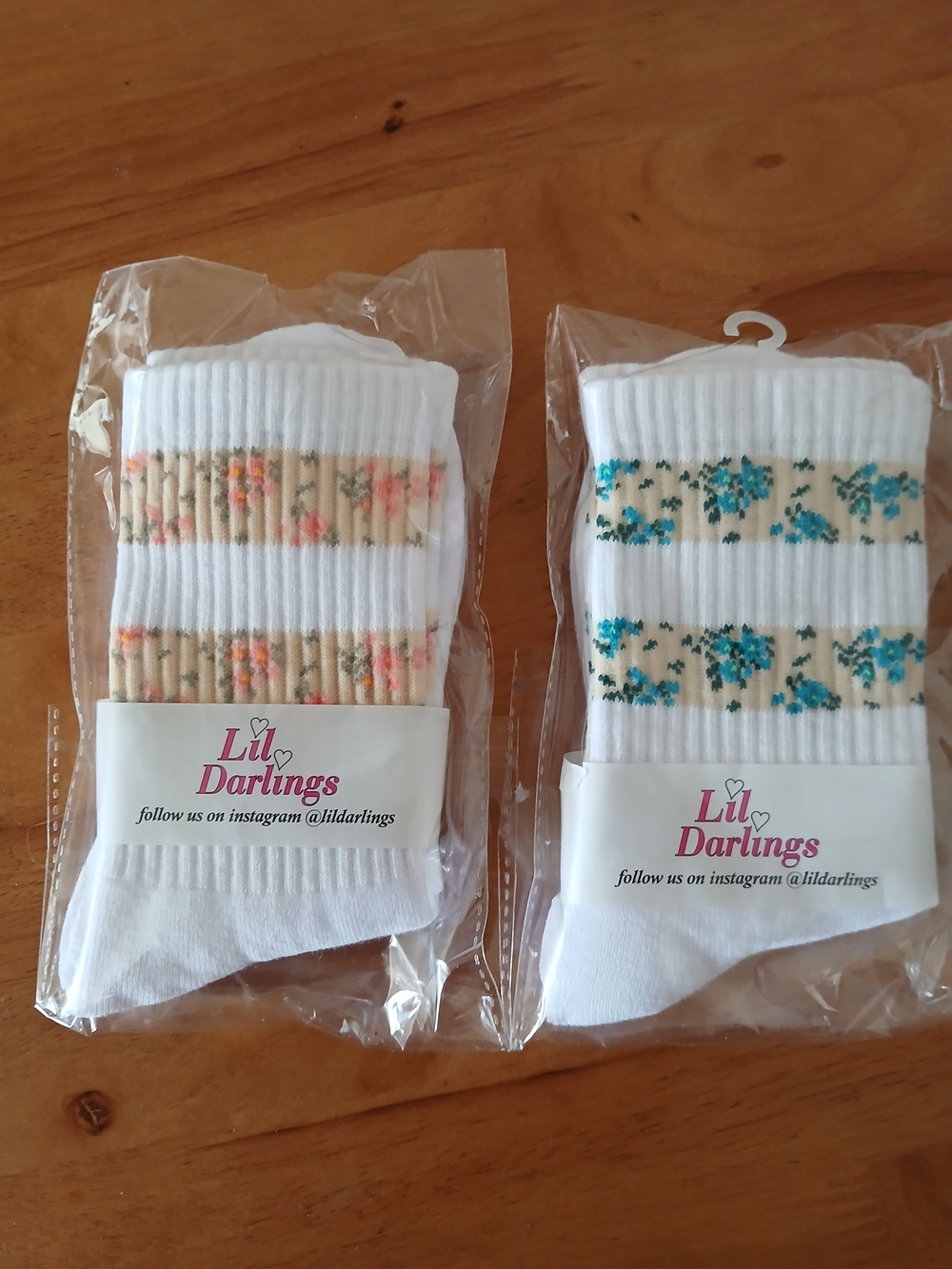 Darling White Ribbed Kids Socks with Peach and Blue Floral Bands